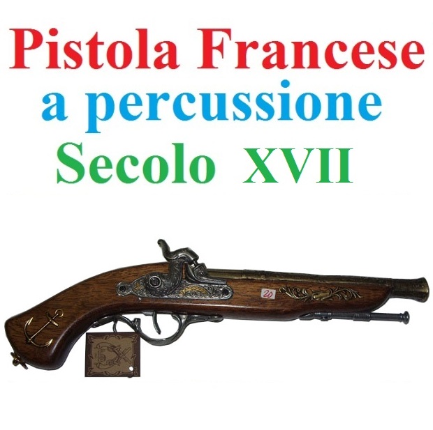 Pistola francese a percussione diciassettesimo secolo - replica storica inerte di pistola francese del xvii secolo da collezione - prodotta in italia.