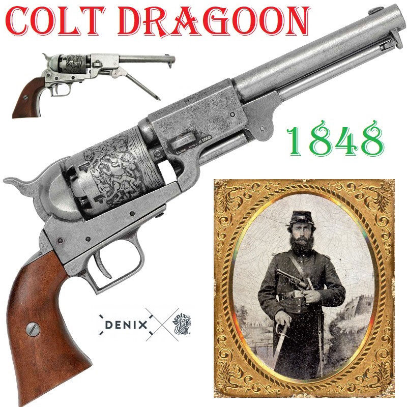 Revolver colt modello dragoon 1848 da collezione - replica storica inerte di pistola americana di pioniere e della guerra di secessione con tamburo ad avancarica in calibro 44 dell'esercito degli stati uniti .