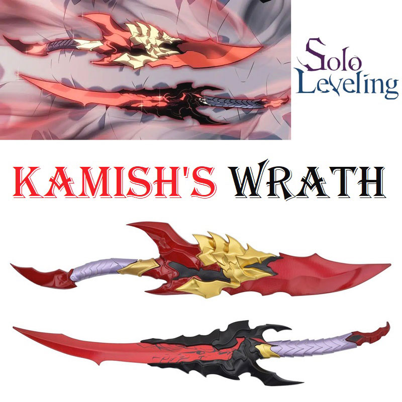 Kamish's wrath daggers di sung jinwoo con espositore da tavolo per cosplay - coppia di pugnali fantasy ornamentali ira di kamish da collezione della serie manga,anime e videogiochi solo leveling.
