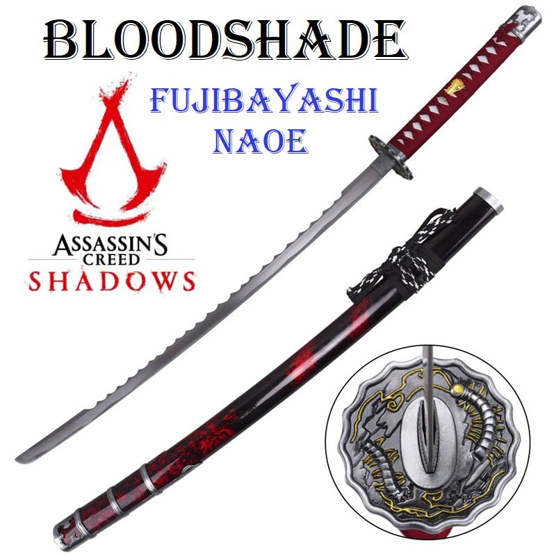 Katana bloodshade per cosplay - spada giapponese fantasy ornamentale da collezione ombra di sangue della shinobi naoe fujibayashi del videogioco assassin's creed shadow.
