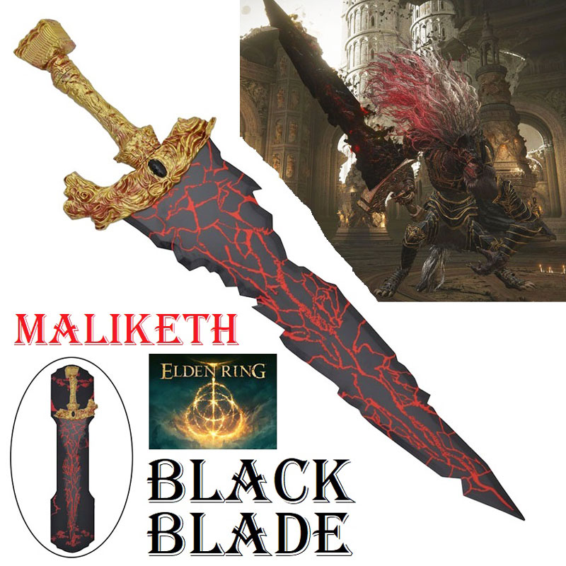 Maliketh black blade per cosplay con espositore da parete - spadone fantasy ornamentale con lama nera da collezione del videogioco elden ring.