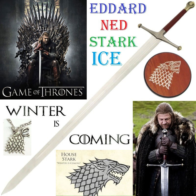 Spada ice degli stark di grande inverno per cosplay con espositore da parete e collana - spadone fantasy ghiaccio della serie televisiva il trono di spade.