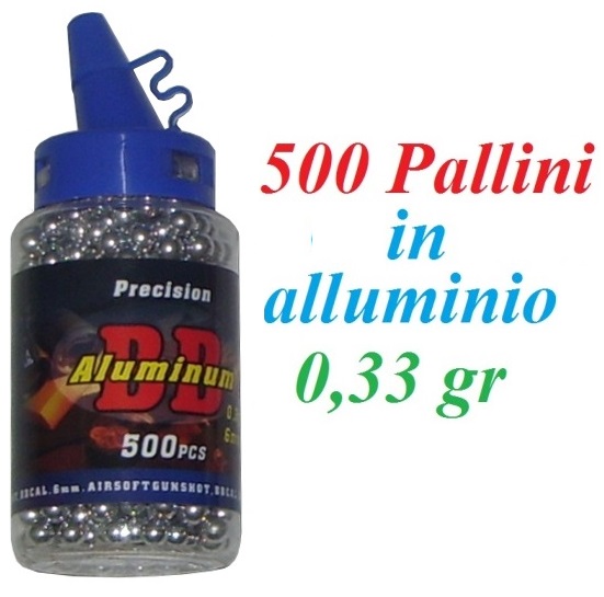 500 pallini in alluminio softair da 0,33 grammi - biberon da 500 pallini in alluminio  per armi softair 6 mm da 0,33 gr.