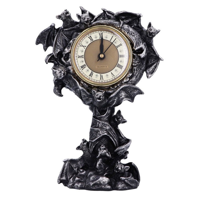 Bat clock da collezione - soprammobile ornamentale fantasy horror con orologio decorato da sciame di pipistrelli.