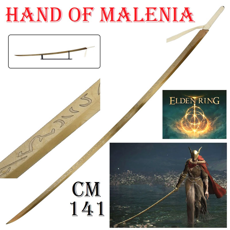 Katana hand of malenia per cosplay da collezione - spada giapponese fantasy ornamentale con espositore da tavolo della dea della marcescenza del videogioco elden ring.