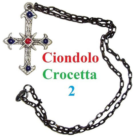 Ciondolo crocetta modello 2 - ciondolo che riproduce in miniatura una croce antica color argento e colorato a smalto blu e rosso - prodotto in italia.