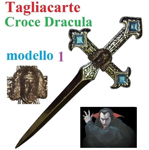 Tagliacarte croce dracula modello 1 - tagliacarte color argento con testa di vampiro e pietre turchese.