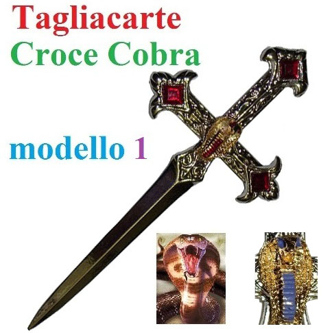 Tagliacarte croce cobra modello 2 - tagliacarte color argento con cobra dorato e pietre turchese.