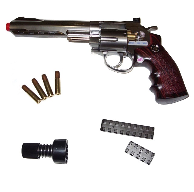 Revolver softair a co2 full metal modello magnum 357 da 6 pollici cromato con tamburo rotante e caricatori a forma di bossoli di proiettile.