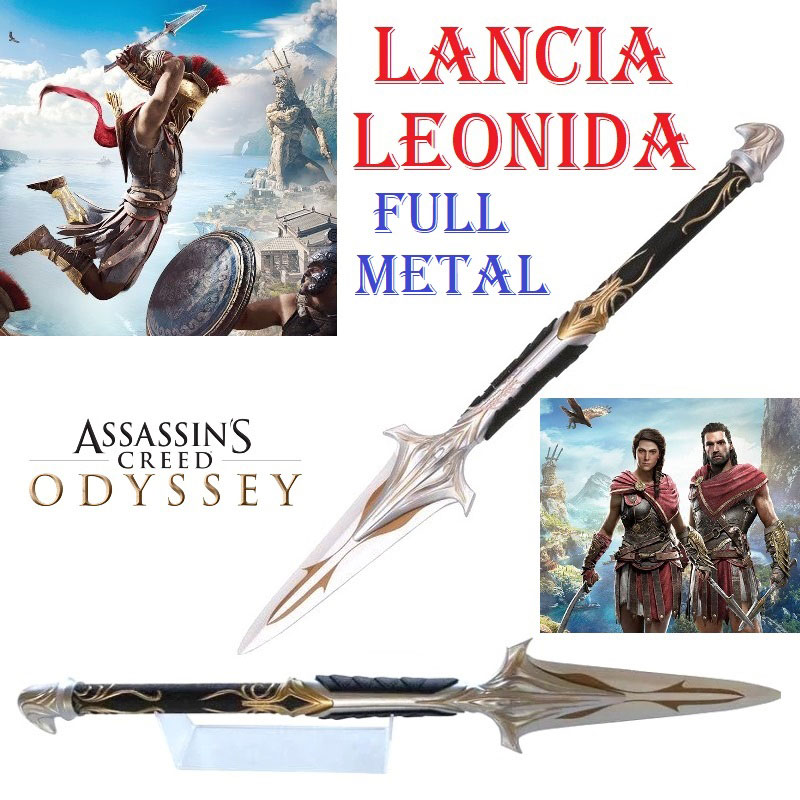 Lancia leonida con espositore da tavolo per cosplay - lancia fantasy da collezione del guerriero greco misthios del videogame assassin's creed odyssey.