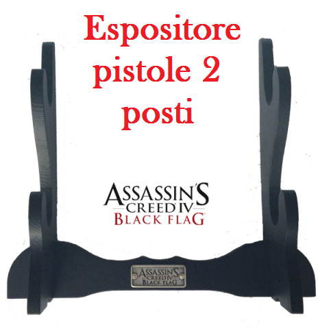 Espositore universale da 2 posti assassin's creed iv black flag  per pistole,katane,spade ed armi da taglio - produzione ufficiale ubisoft di espositore da tavolo in legno di colore nero del videogame assassin's creed iv .