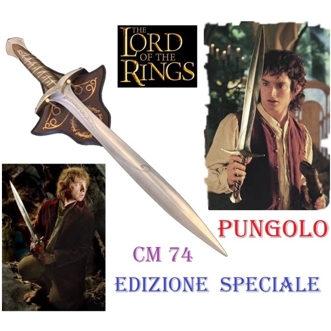 Pungolo edizione speciale per cosplay con espositore da parete - spada fantasy da collezione di frodo del film il signore degli anelli  - spada elfica sting di bilbo del movie lo hobbit .