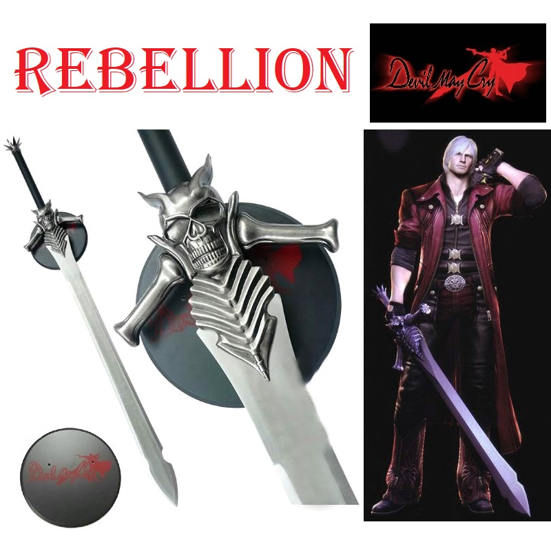 Rebellion di dante con espositore da parete per cosplay - spada fantasy da collezione del demone mezzosangue dante della serie di videogiochi ed anime devil may cry .