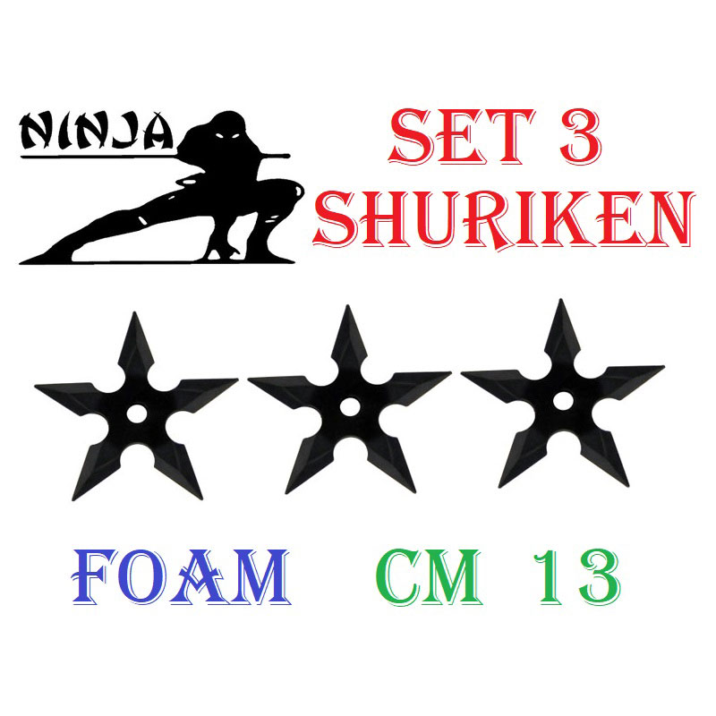 Set 3 shuriken ninja in foam per cosplay  - tre pugnali stelle ninja shaken ornamentali da collezione in gomma .