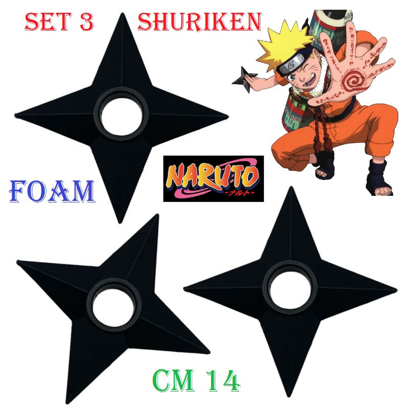 Set 3 shuriken di naruto uzumaki in foam per cosplay  - tre pugnali da lancio ninja ornamentali multipunte da collezione in gomma del villaggio della foglia della serie anime e manga naruto .