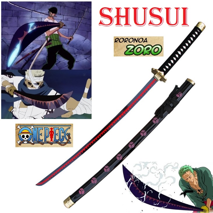 Katana shusui di zoro per cosplay con lama nera e taglio rosso - spada giapponese fantasy da collezione acqua d'autunno di roronoa zoro della serie anime e manga one piece .