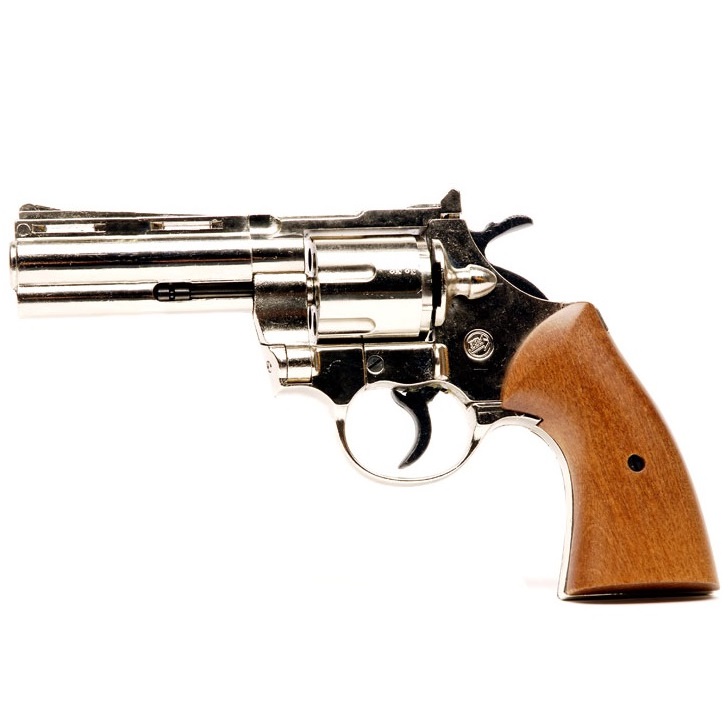 Bruni magnum  nickel - revolver a salve calibro 380 mm - arma da segnalazione acustica - replica del revolver colt python 4 pollici cromato.
