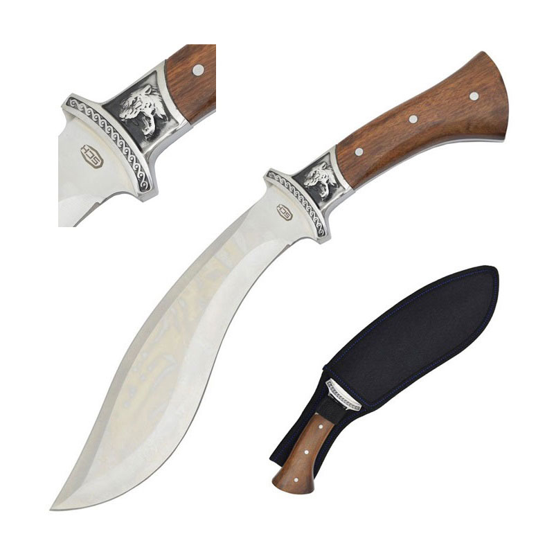 Coltello kukri tiger con fodero nero - pugnale nepalese con lama curva ed impugnatura in legno decorato con una tigre.