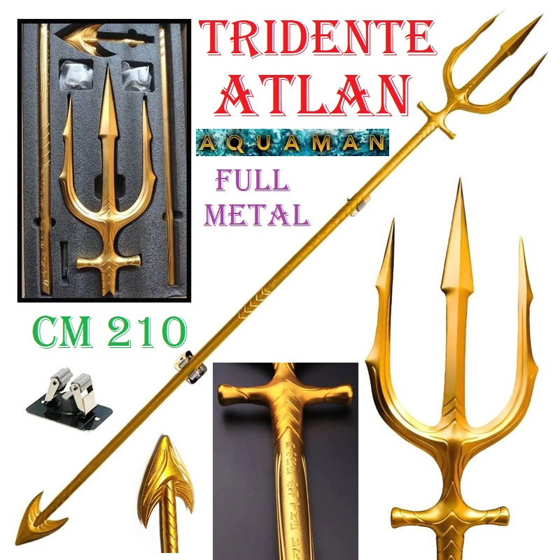 Tridente di atlan per cosplay con espositore da parete - replica ornamentale da collezione di arma atlantidea di arthur curry delle serie di film e fumetti  aquaman .