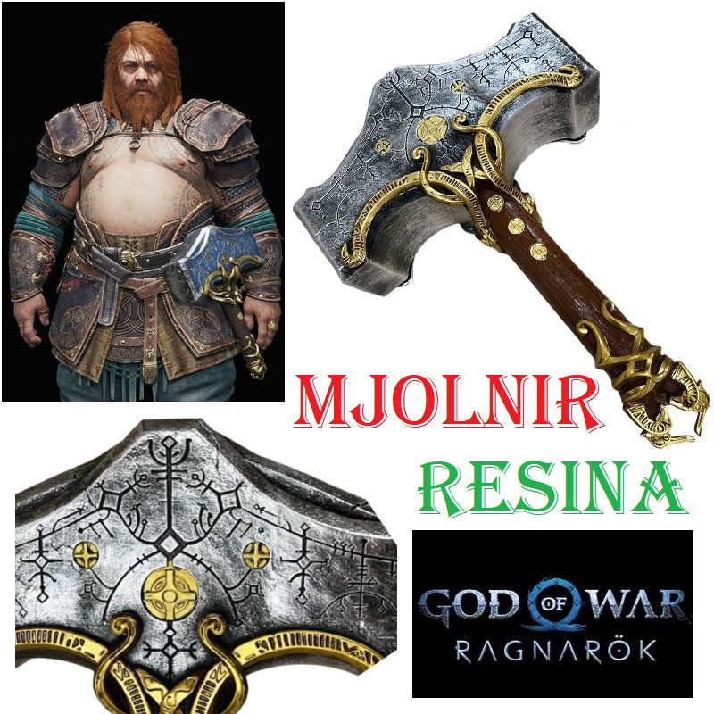 Mjolnir di god of war ragnarok in resina per cosplay - martello vichingo fantasy da collezione del dio asgardiano thor figlio di odino del videogioco e fumetto god of war ragnarok.