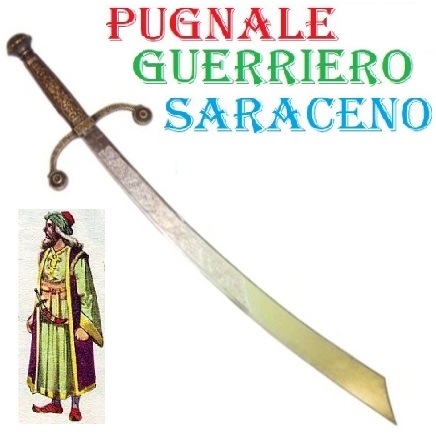 Pugnale saraceno - coltello storico da collezione di guerriero arabo con lama ricurva incisa .