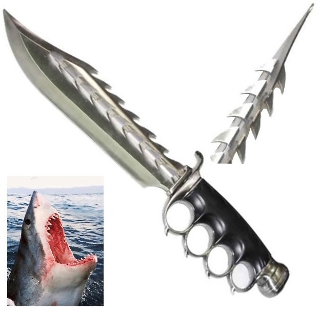 Pugnale shark - coltello fantasy da collezione dello squalo con lama dentata ed espositore da tavolo.