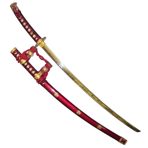 Tachi samurai di alto rango rosso placcato oro marca united - katana giapponese da collezione modello antico colore rosso - spada giapponese storica con lama ed impugnatura curva .