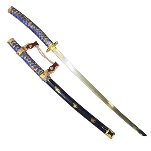 Tachi cerimoniale blu con lunga impugnatura ricurva - spada storica da collezione modello katana giapponese con lama ed impugnatura curva.