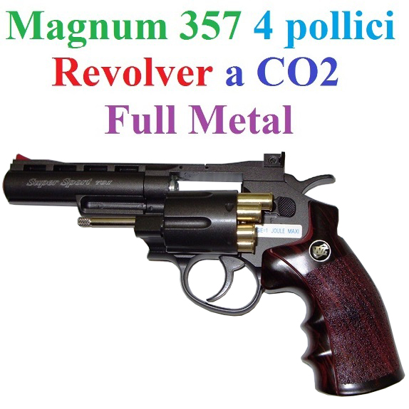 Revolver softair a  co2 full metal  modello magnum 357 da 4 pollici nero con tamburo rotante e caricatori a forma di bossoli di proiettile .