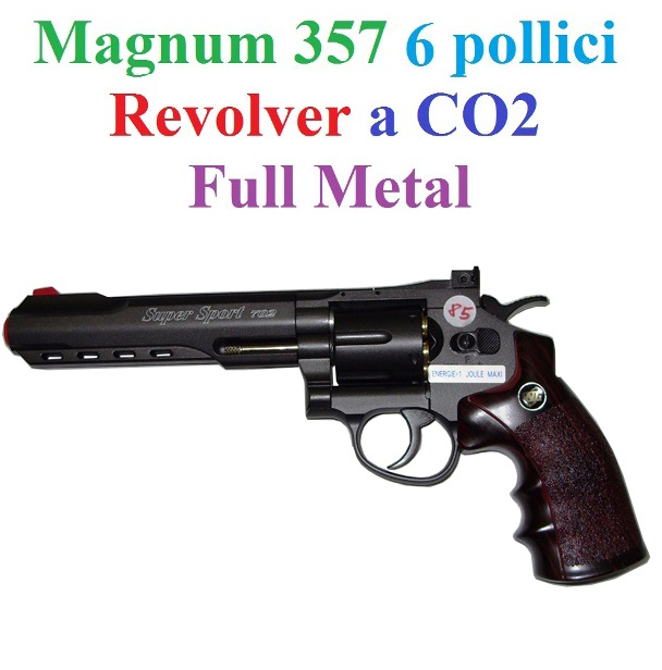 Revolver softair a co2 full metal modello magnum 357 da 6 pollici nero con tamburo rotante e caricatori a forma di bossoli di proiettile.