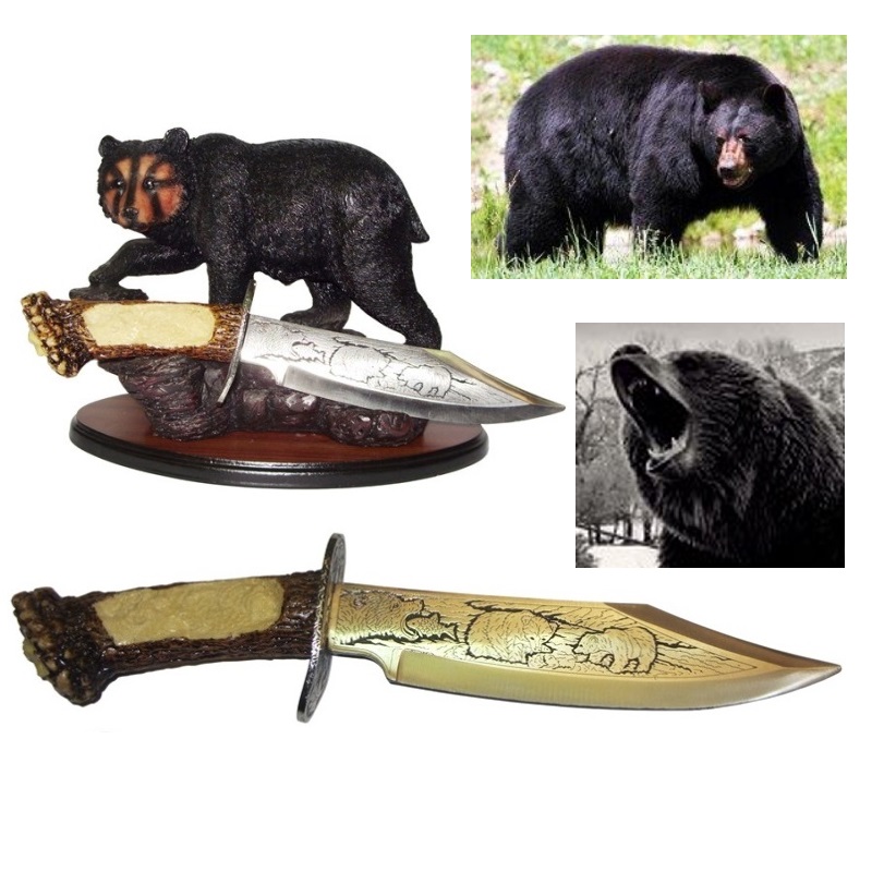 Coltello grizzly  - pugnale fantasy da collezione di cacciatore di montagna con orsi incisi su lama ed espositore da tavolo a forma di orso nero.