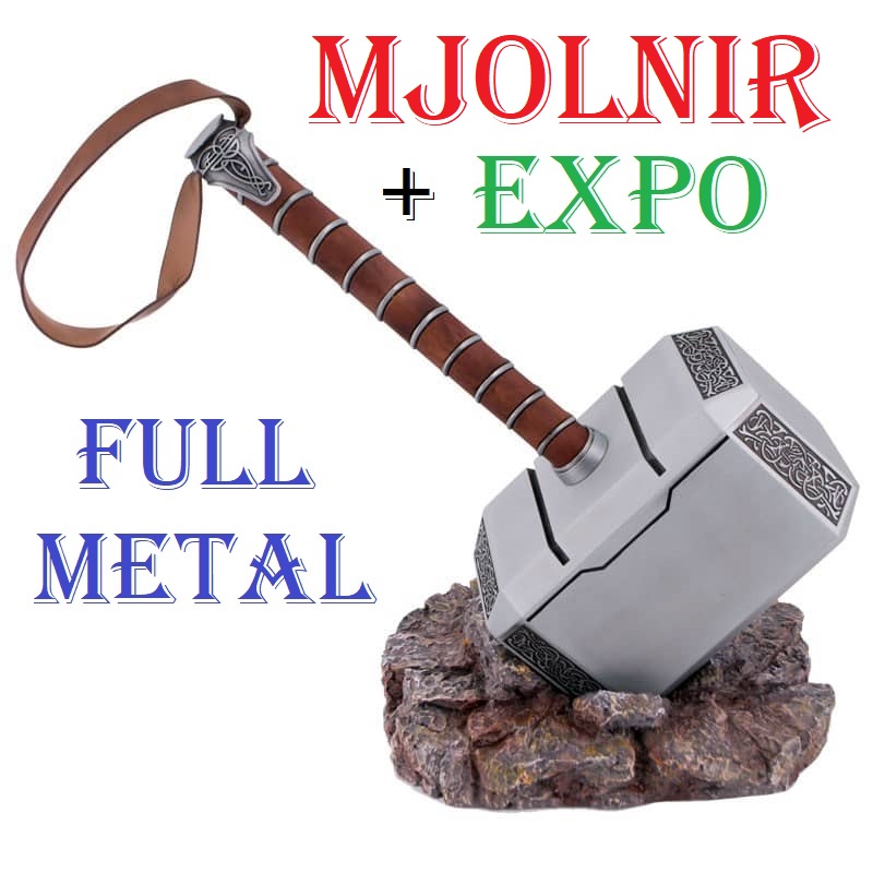 Mjolnir di thor full metal con espositore per cosplay - martello fantasy da collezione del dio asgardiano figlio di odino della serie di film e a fumetti thor.