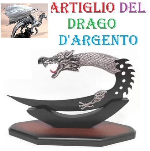 Pugnale artiglio del drago d'argento - coltello fantasy con drago silver da collezione con lama nera ed espositore da tavolo.