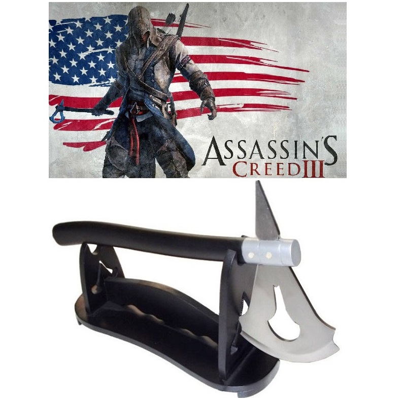 Tomahawk di connor con espositore da tavolo per cosplay - ascia fantasy da guerriero pellerossa da collezione del videogame assassin's creed iii .