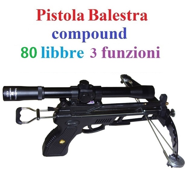 Balestra a pistola compound da 80 libbre con 3 funzioni di tiro e sacca portabalestra .