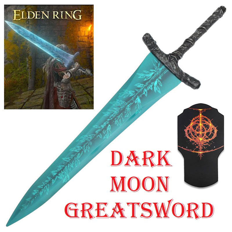Dark moon greatsword con espositore da parete per cosplay - spada ornamentale fantasy da collezione luna nera del videogioco elden ring.