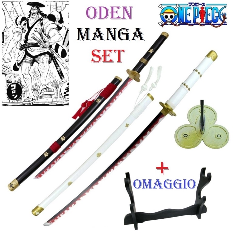 Set katane manga di oden per cosplay con espositore da tavolo - set di due spade giapponesi fantasy da collezione di kozuki oden della serie manga one piece.