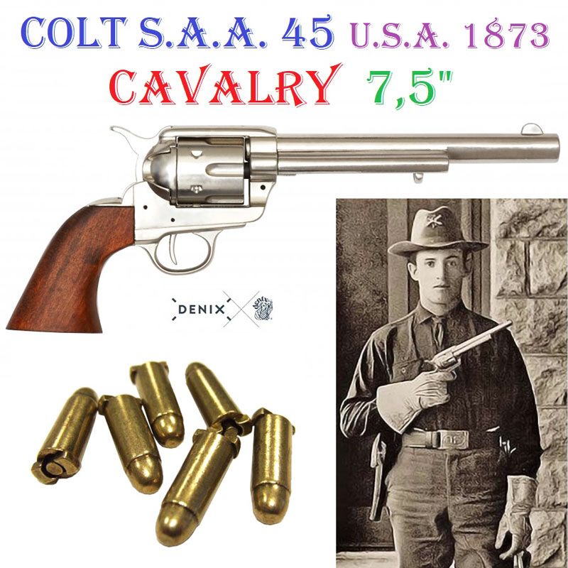 Revolver colt modello cavalry del 1873 con 6 proiettili a salve da collezione - replica storica ornamentale inerte di pistola western americana colt single action army da cavalleria con tamburo a retrocarica e canna da 7,5 pollici marca denix.