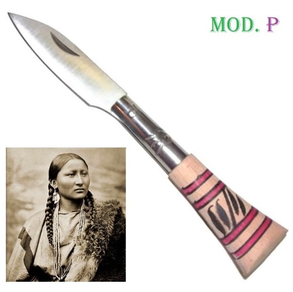 Coltello squaw modello p - serramanico storico da collezione con impugnatura in legno decorato commemorativo dei pellerossa indiani americani.