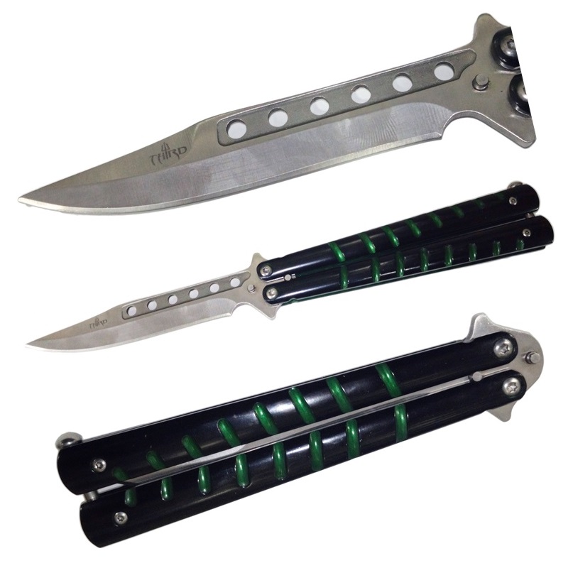 Coltello butterfly alpha - balisong con lama ed impugnatura militare nero e verde - coltello a farfalla nero per arte marziale filippina kali .