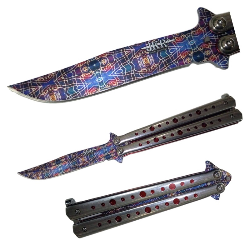 Coltello butterfly caleidoscopic red - balisong con lama caleidoscopica - coltello a farfalla per arte marziale filippina kali con lama fantasy.