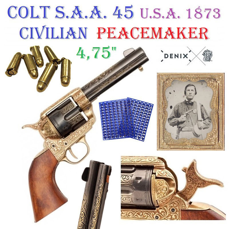 Revolver colt modello peacemaker con 6 proiettili a salve da collezione - replica storica ornamentale inerte di pistola western americana colt single action army del 1873 modello civilian con tamburo a retrocarica decorato con incisioni e canna da 4,75 pollici .