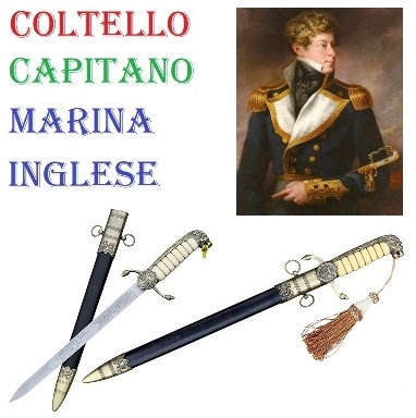 Coltello capitano marina inglese - pugnale storico da collezione degli ufficiali della flotta inglese con fodero e lama incisa.