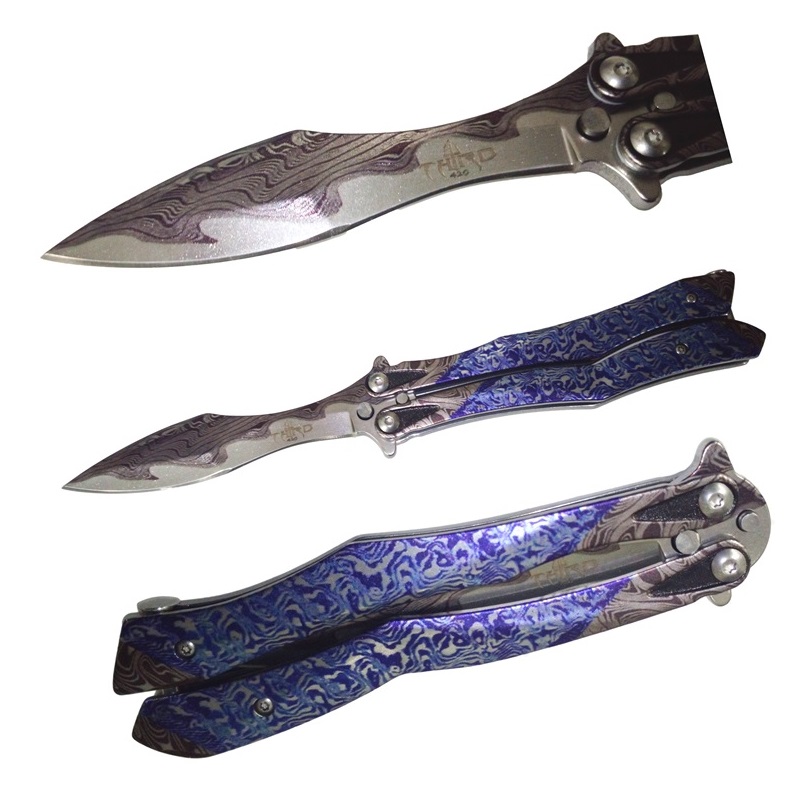 Coltello butterfly damascus - balisong con lama a goccia damascata - coltello a farfalla per arte marziale filippina kali con impugnatura damascata.