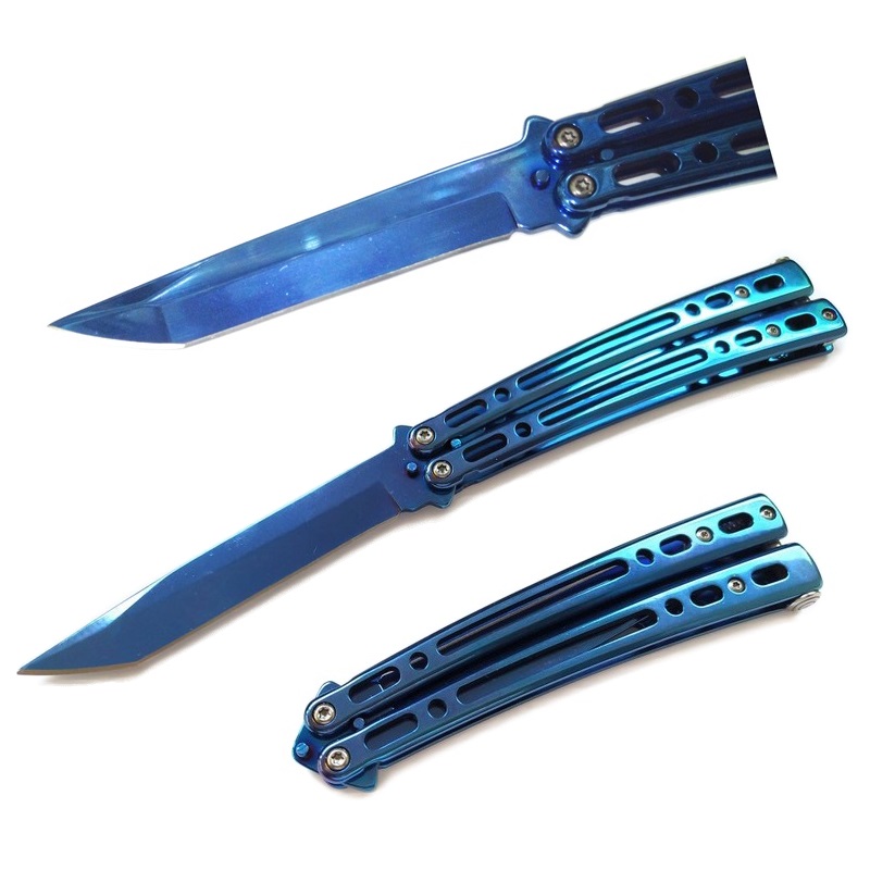 Coltello butterfly tanto blu - balisong con impugnatura scheletrata blu - coltello a farfalla blu per arte marziale filippina kali con lama tanto.