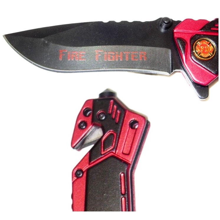 Coltello serramanico Multiuso Fire Fighter - coltello militare rosso multilama dei vigili del fuoco con fodero e piastrina 