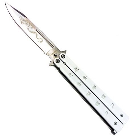 Coltello butterfly white dragon - balisong del drago bianco - coltello a farfalla per arte marziale filippina kali decorato con dragone bianco.