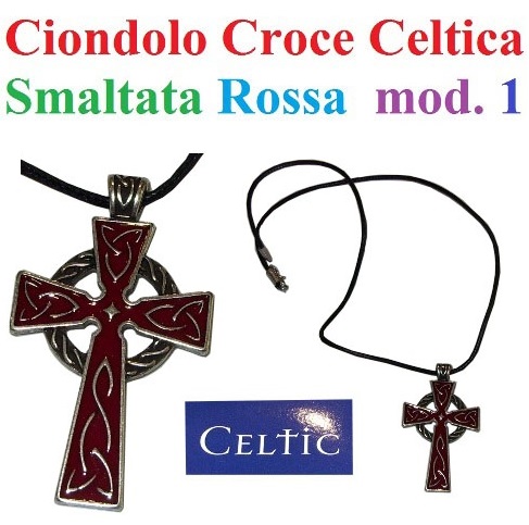 Ciondolo croce celtica smaltata rossa modello 1 - riproduzione storica di croce rossa e argento con rune celtiche - prodotto in italia.