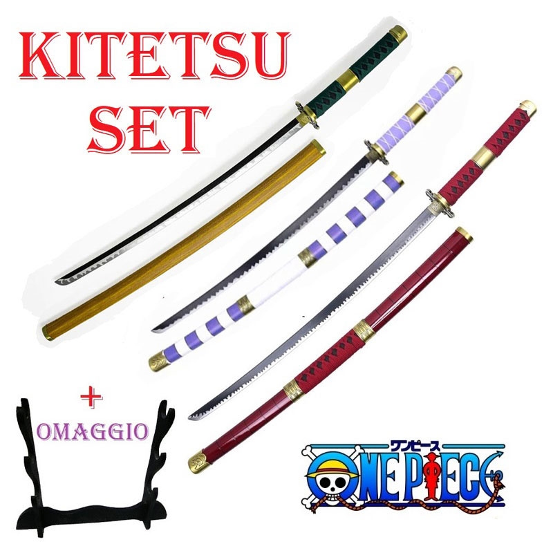 Set 3 katane kitetsu ornamentali per cosplay con espositore da tavolo - set di tre spade giapponesi fantasy da collezione generazione del demone penetrante della serie anime e manga one piece.