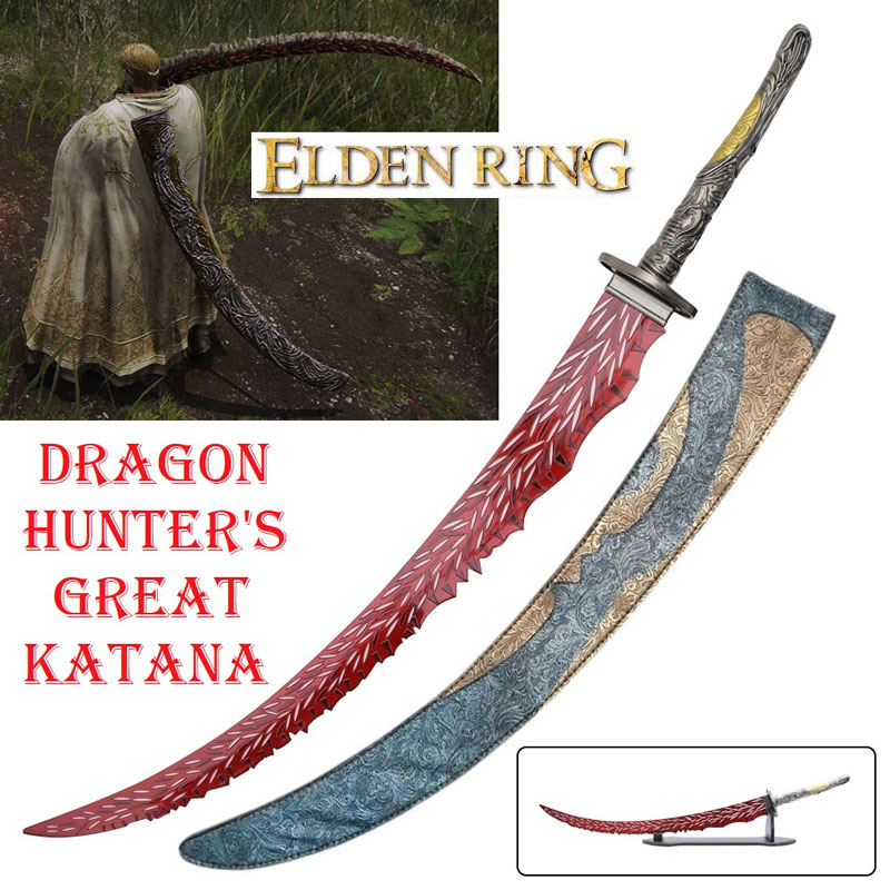Dragon hunter's great katana per cosplay con fodero da schiena ed espositore da tavolo - spada magica giapponese ornamentale cacciatore di draghi da collezione del videogioco elden ring.